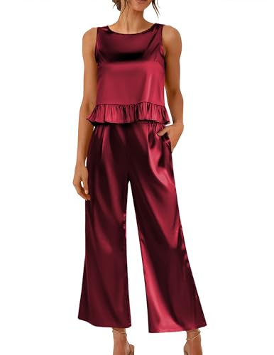 Ekouaer Pyjama für Damen kurz Schlafanzug Lässig Seide Nachtwäsche Tank Top und Hose Elegant Set mit Taschen Rot S von Ekouaer