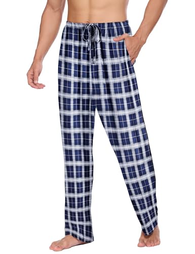 Ekouaer Herren Pyjamahose Lang Leichte Sommerhose Kariert Schlafhose Herren Hose mit Taschen und Knopfleiste Blau Weiß XL von Ekouaer