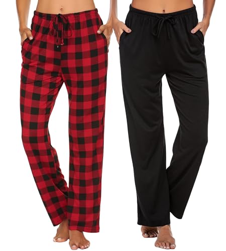 Ekouaer Pyjamahose Damen Lang Baumwolle Schlafanzughose 1-2er Pack Nachtwäsche Lange Freizeit Hose mit Taschen und Kordelzug Rot Schwarz XL von Ekouaer