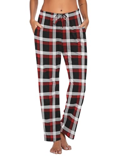 Ekouaer Pyjamahose Damen Lang Schlafanzughose Jerseyhose Karierte/Unifarbe Freizeithosen Hausehose mit Zwei Taschen Schwarz XXL von Ekouaer