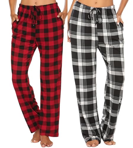 Ekouaer Pyjamahose Damen Schlafanzughose Lang Baumwolle Pyjamahose 1-2er Pack Nachtwäsche Lange Freizeit Hose mit Taschen und Kordelzug Rot Schwarz Weiß XL von Ekouaer