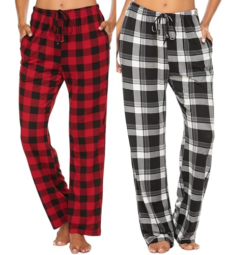 Ekouaer Pyjamahose Damen Schlafanzughose Lang Baumwolle Pyjamahose 2er Pack Nachtwäsche Lange Freizeit Hose mit Taschen und Kordelzug Yoga Hose Damen Rot Schwarz Weiß XL von Ekouaer