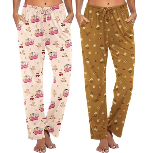 Ekouaer Pyjamahose Damen Schlafanzughose Lang Baumwolle Pyjamahose 2er Pack Nachtwäsche Lange Freizeit Hose mit Taschen und Kordelzug Yoga Hose Damen XL von Ekouaer