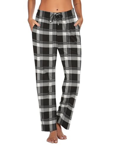 Ekouaer Pyjamahose Damen Schlafanzughose Lang Schlafanzug Nachtwäsche Freizeithose Strandhose Karierte/Unifarbe Schlafhose mit Taschen und Kordelzug Schwarz L von Ekouaer
