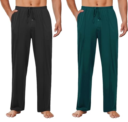 Ekouaer Pyjamahose Herren Lang 2er Pack Freizeithose für Männer Leicht Bequem Schlafanzughose,Einfarbig Schwarz+Einfarbig Blaugrün XL von Ekouaer