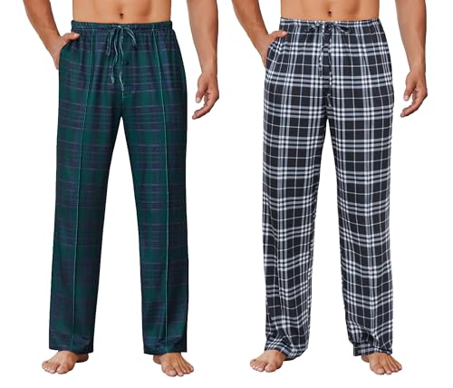 Ekouaer Pyjamahose Herren Lang 2er Pack Freizeithose für Männer Leicht Bequem Schlafanzughose,Karierte Grau+Karierte Grün XL von Ekouaer
