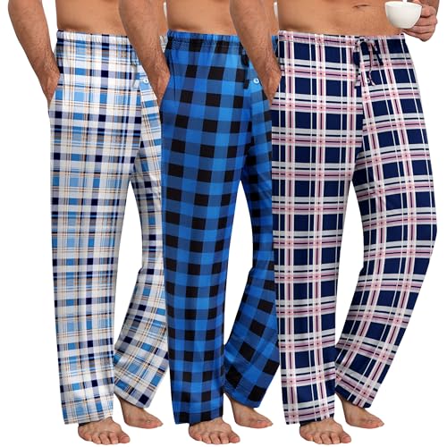 Ekouaer Pyjamahose Herren Lang Schlafanzughosen Für Herren Schlafhose herren Karierte Lounge Bottoms 3er Packs Weiß + Blau + Schwarz M von Ekouaer