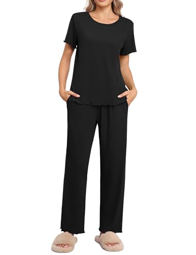 Ekouaer Pyjamas Damen Kurzarm Schlafanzug Gestrickt Nachtwäsche mit Rundhals Pyjama-Top und Lang Pyjamahose Loungewear Schwarz XXL von Ekouaer