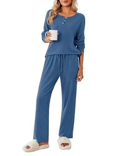 Ekouaer Pyjamaset Damen Lang Schlafanzug Langarm Rundhals mit Knöpfen Nachtwäsche Warm Winter, Blau, XXL von Ekouaer
