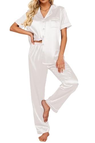 Ekouaer Lang Schlafanzug Seide Damen Satin Pyjama Damen Pjs Sets Kurzarm Nachtwäsche, Weiß, XXL von Ekouaer