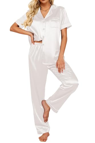 Ekouaer Satin Damen Schlafanzug mit Knopfleiste Langarm Seide Pyjama Set Zweiteiler Damen Elegant,Weiß,M von Ekouaer