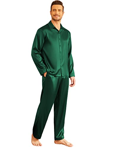 Ekouaer Satin Herren Schlafanzug mit Knopfleiste Langarm Nachtwäsche Männer V-Ausschnitt Button Down Pj Sets Grün L von Ekouaer