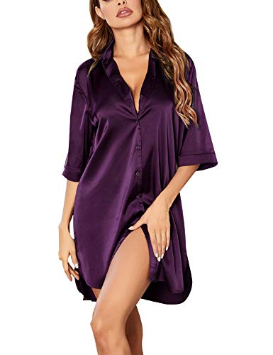 Ekouaer Schlafhemd Damen Satin Nachthemden für Damen 3/4 Ärmeln Nachtkleid Kurz Sleepshirt Sleepwear V-Ausschnitt Nachtwäsche Lila XL von Ekouaer