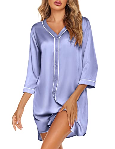 Ekouaer Satin Nachthemden Damen Seide Nachtwäsche Knopfleiste Schlafshirt Casual V Ausschnitt Pyjama Kleid S-XXL, Immergrün, Medium von Ekouaer
