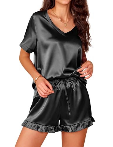 Ekouaer Satin Pyjama Damen Kurz Schlafanzug Frauen Seide Nachtwäsche V-Ausschnitt Zweiteiliger Pjs Sets Hausanzug Schwarz M von Ekouaer