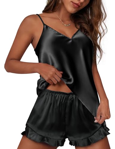 Ekouaer Satin Pyjama Damen Kurz Schlafanzug Frauen Seide Nachtwäsche V-Ausschnitt Zweiteiliger Pjs Sets Hausanzug Schwarz M von Ekouaer