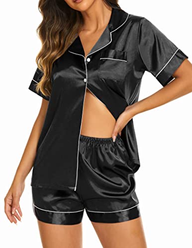 Ekouaer Satin Pyjama Damen Kurz Schlafanzug mit Knopf Frauen Seide Nachtwäsche Zweiteiliger Pjs Sets Hausanzug von Ekouaer