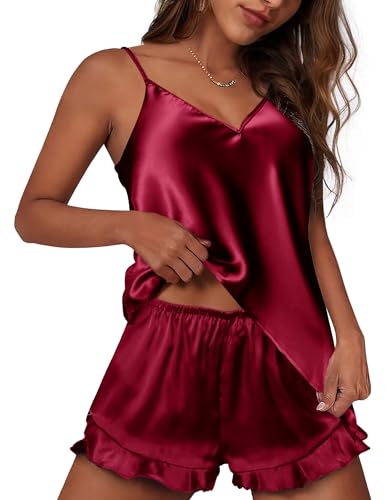 Ekouaer Satin Pyjama Damen Kurz Schlafanzug Frauen Silk Pjs Sets Hausanzug Loungewear Rot S von Ekouaer