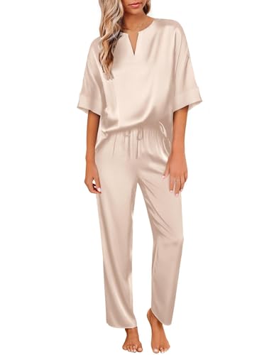 Ekouaer Satin Damen Schlafanzug V-Ausschnitt Pyjama Set Nachtwäsche Lang Pyjamahose Loungewear Freizeitanzug für Sommer,Champagner,XXL von Ekouaer