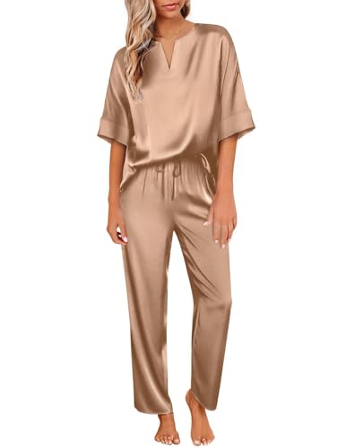 Ekouaer Damen Schlafanzug Zweiteiliger Pyjama Sommer V-Ausschnitt Nachtwäsche Set Sleepwear Oberteil und Hose,Kamel,XXL von Ekouaer