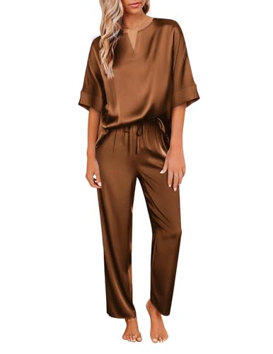 Ekouaer Pyjama Damen Kurz Seidenpyjama mit Kordelzug Kurzärmeliger Schlafanzug mit Langer Hose Loungewear Damen Set,Hellbraun,XXL von Ekouaer