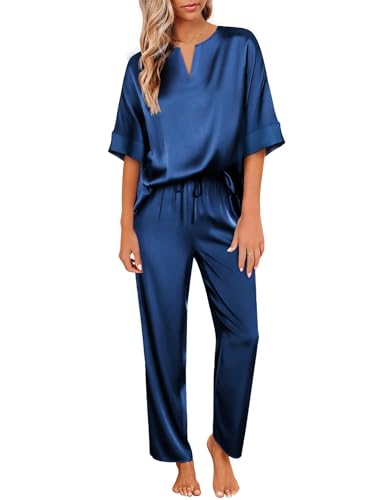 Ekouaer Satin Damen Schlafanzug V-Ausschnitt Pyjama Set Nachtwäsche Lang Pyjamahose Loungewear Freizeitanzug für Sommer,Marineblau,XL von Ekouaer