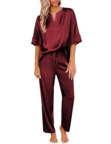 Ekouaer Satin Damen Schlafanzug V-Ausschnitt Pyjama Set Nachtwäsche Lang Pyjamahose Loungewear Freizeitanzug für Sommer,Weinrot,L von Ekouaer