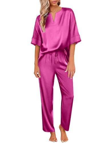 Ekouaer Satin Pyjama Damen Schlafanzug Pyjamas Set Frauen Seide Nachtwäsche Pjs Sets Sleepwear,Rosa,XXL von Ekouaer