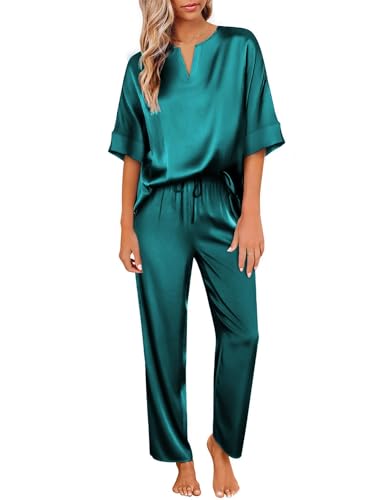 Ekouaer Satin Damen Schlafanzug V-Ausschnitt Pyjama Set Nachtwäsche Lang Pyjamahose Loungewear Freizeitanzug für Sommer,Blau Grün,S von Ekouaer