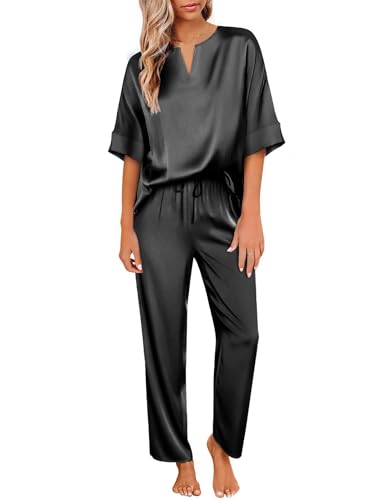 Ekouaer Satin Pyjama Damen Schlafanzug Pyjamas Set Frauen Seide Nachtwäsche Pjs Sets Sleepwear,schwarz,M von Ekouaer