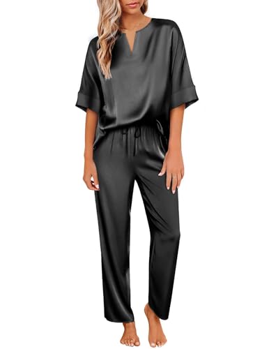 Ekouaer Schlafanzug Damen Lang Zweiteiler Satin Pyjama Set Sommer Nachtwäsche Hausanzug Sleepwear mit Kordelzug,Schwarz,M von Ekouaer