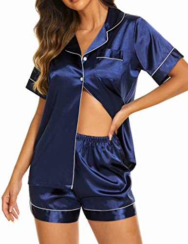 Ekouaer Satin Pyjama Kurzarm Damen Schlafanzug mit Knopf Seide Nachtwäsche V-Ausschnitt Zweiteiliger Pjs Sets Hausanzug,Blua,XL von Ekouaer