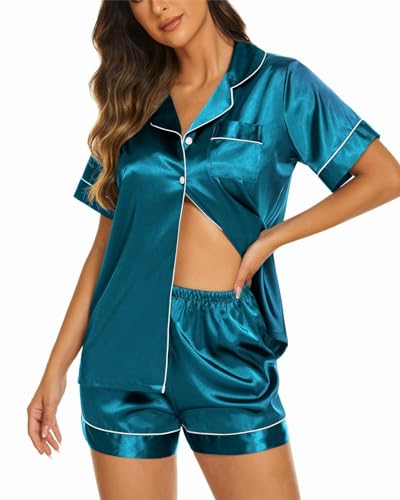 Ekouaer Satin Pyjama Kurzarm Damen Schlafanzug mit Knopf Seide Nachtwäsche V-Ausschnitt Zweiteiliger Pjs Sets Hausanzug,Blua,XL von Ekouaer