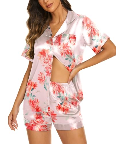 Ekouaer Satin Pyjama Kurzarm Damen Schlafanzug mit Knopf Seide Nachtwäsche V-Ausschnitt Zweiteiliger Pjs Sets Hausanzug,L von Ekouaer