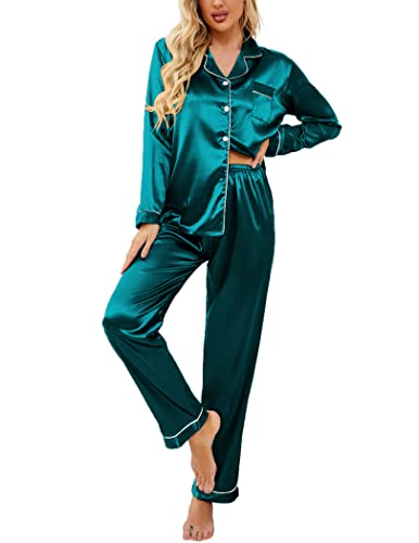 Ekouaer Seide Pyjama Set Langarm Schlafanzug Damen mit Knopf Seide Zweiteiliger Pjs Sets Hausanzug,Blau Grün,XXL von Ekouaer