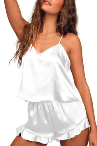 Ekouaer Satin Pyjama Damen Kurz Schlafanzug Set Frauen Silk Pjs Sets Hausanzug Loungewear,Weiß,M Ekouaer Satin Pyjama Damen Kurz Schlafanzug Set Frauen Silk Pjs Sets Hausanzug Loungewear,Weiß,M von Ekouaer
