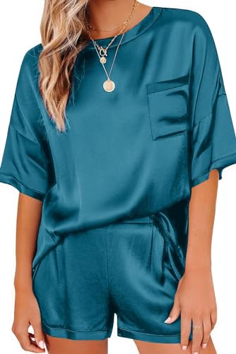 Ekouaer Satin Schlafanzug Damen Satin Pyjama Set Pijamas Damen Set Sommer Nachtwäsche Kurz Pyjama Hosen Top Klassischer Zweiteiliger Pyjama Sleepwear Zweiteilige,Blau,XL von Ekouaer