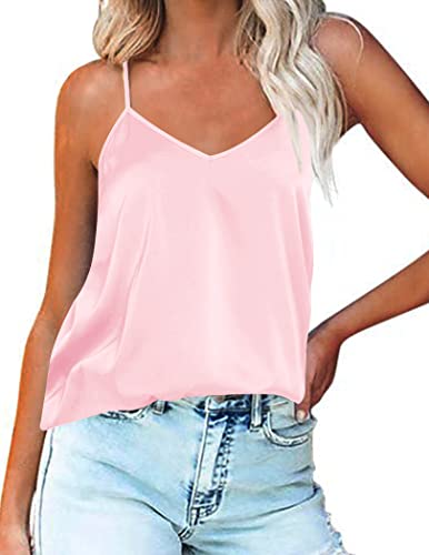 Ekouaer Tank Top Damen Tops Silk Satin Cami V-Ausschnitt Ärmellose Camisole Blusentop Casual Tank Bluse Shirt Unterhemden Spaghettiträger Hell Pink M von Ekouaer