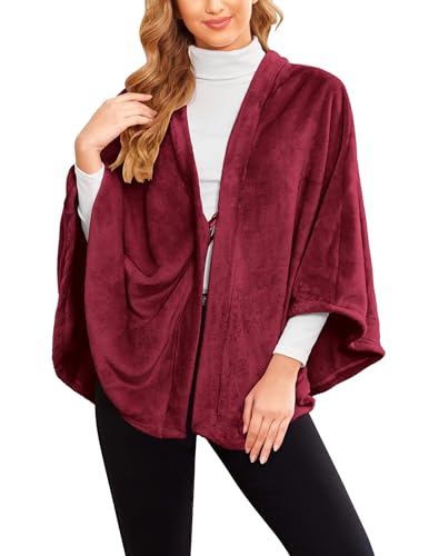 Ekouaer Schal Flanell Damen Poncho Fleece Faux Stole Winter Cape Elegant Warm Leicht, Weinrot L von Ekouaer