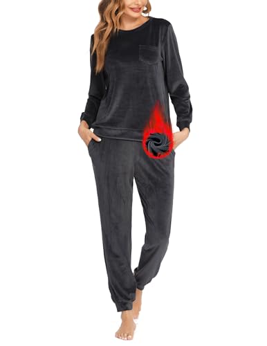 Ekouaer Schlafanzüge Damen Lang Rundhals Velour Winter Pyjama Set Warm Hausanzug mit Taschen Zweiteiliger Freizeitanzug Grau XXL von Ekouaer