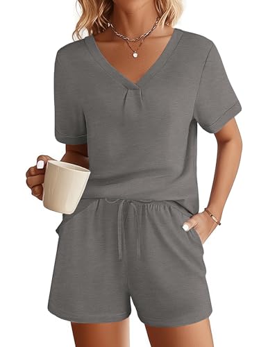 Ekouaer Schlafanzüge Kurz für Damen Kurzärmliges Pyjama Set Zweiteiliger Hausanzug Sommer V-Ausschnitt Nachtwäsche weich PJS mit Tasche Grau S von Ekouaer