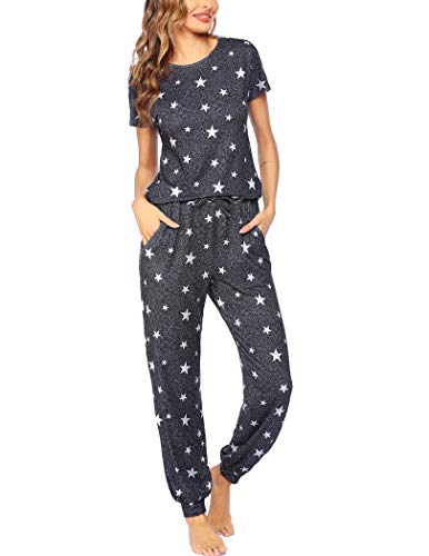 Ekouaer Schlafanzüge für Damen lang Pyjama Set Kurzarm Zweiteiliger Schlafanzug Nachtwäsche Top und Hose Grau Stern S von Ekouaer