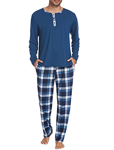 Ekouaer Schlafanzüge für Herren Zweiteiliger Langärmliger Schlafanzug Pajama Weich Langarm Schlafanzug Männer Kariert Hausanzug Sleepwear Atmungsaktive Loungewear Bequeme Nachtwäsche Marineblau XL von Ekouaer