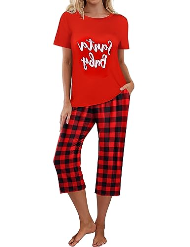 Ekouaer Schlafanzug 3 Viertel Hose Damen Kurzarm Pyjamas Set Schlafanzüge Zweiteiliger Kurz Nachtwäsche Sommer, Kariert, L von Ekouaer