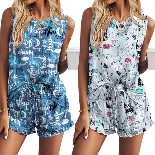 Ekouaer Schlafanzug Damen 2 Pack Pyjama Set Kurz Zweiteiliger Nachtwäsche Rundhals Sleepwear Pyjamahose Freizeitanzug Grau/blau S von Ekouaer