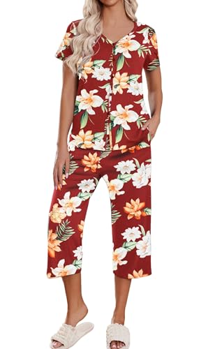 Ekouaer Schlafanzug Damen 3/4 Hose Kurzarm Pyjama Set V-Ausschnitt Schlafanzüge für Damen Sommer mit Taschen, Rot-Weiß Blumen, L von Ekouaer