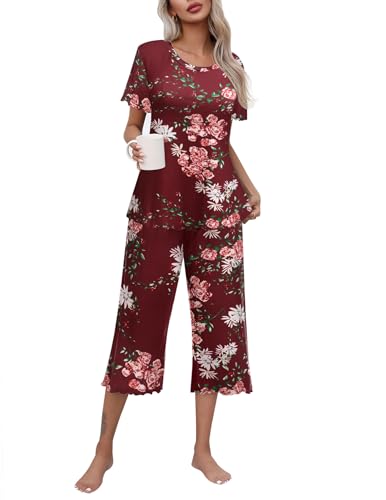 Ekouaer Schlafanzug Damen 3/4 Lang Hosen Casual Lässig Sommer Flauschig Pyjamas Set Blume Rot XXL von Ekouaer