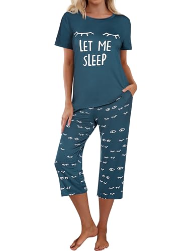 Ekouaer Schlafanzug Damen 3/4 Schlafhose Kurz Langarm Zweiteilige Pyjama Set Oberteile und Hose, Blau Grün, L von Ekouaer