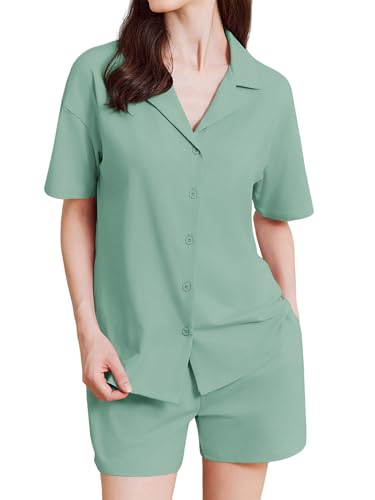 Ekouaer Schlafanzug Damen Baumwolle Kurz Pyjama Set Kurzarm Sommer Schlafanzüge Knopfleiste, Grün S Ekouaer Schlafanzug Damen Baumwolle Kurz Pyjama Set Kurzarm Sommer Schlafanzüge Knopfleiste, Grün S von Ekouaer