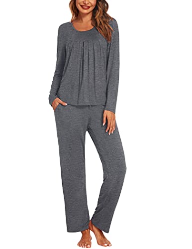 Ekouaer Pyjama Damen Lang Schlafanzug Langarm Zweiteiler Nachtwäsche Warm Loungewear Hausanzug Winter, Grau, M von Ekouaer